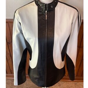 St. John Sport Womens Black White Genuine Leather Full Zip Jacket Size Small
